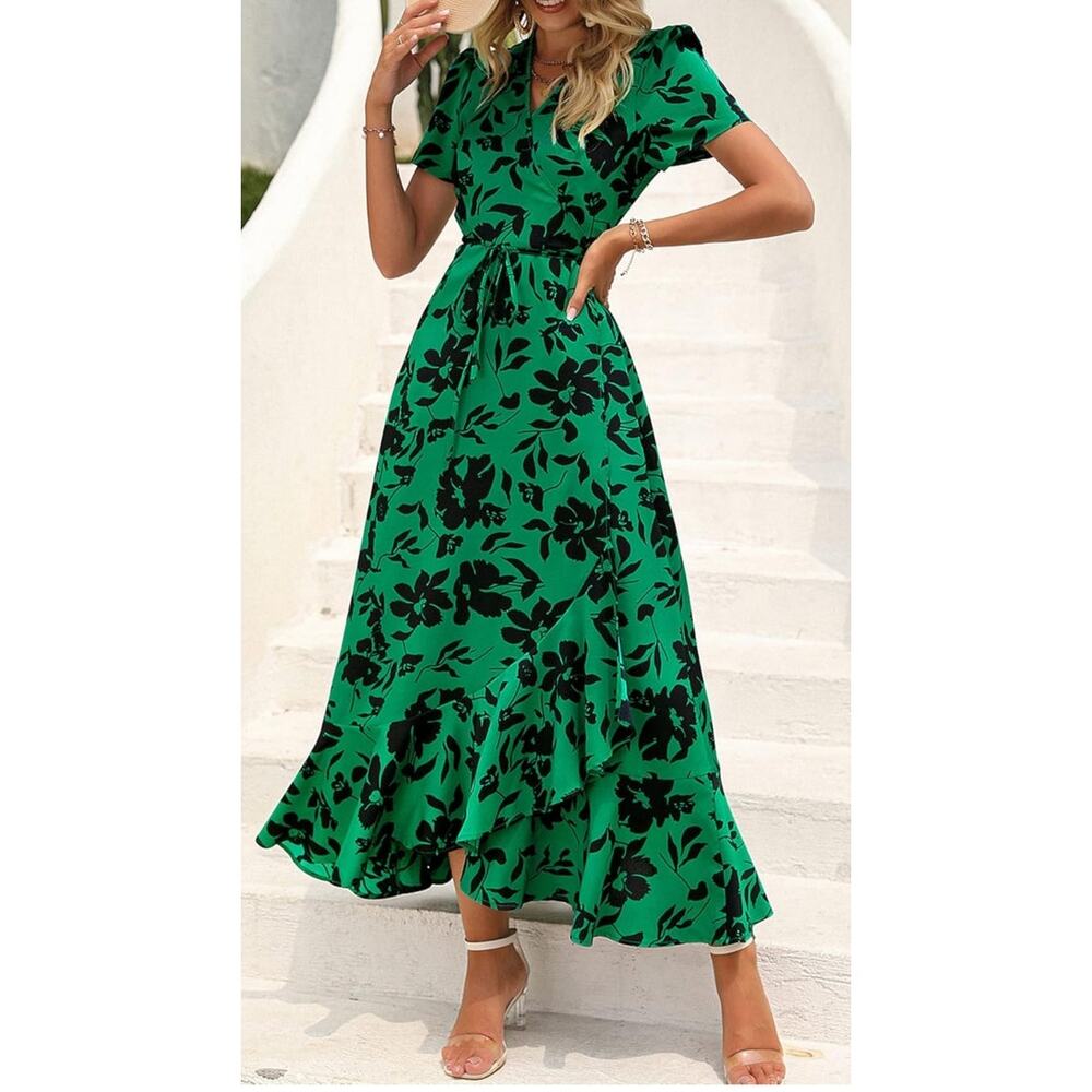 Pretty Garden Wrap Dress Emerald Green Black Floral Maxi Short Sleeve Size Large - Picture 9 of 9